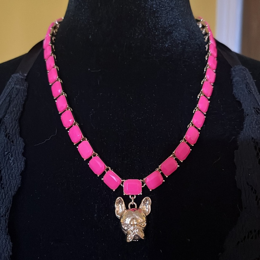 BETSEY JOHNSON Pink Crystal Frenchie Tennis Necklace